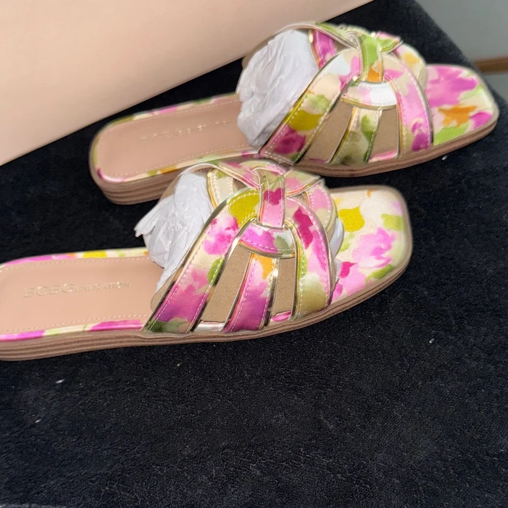 NWT-BCBGeneration Pink and Yellow Floral Sandals - Picture 7 of 8